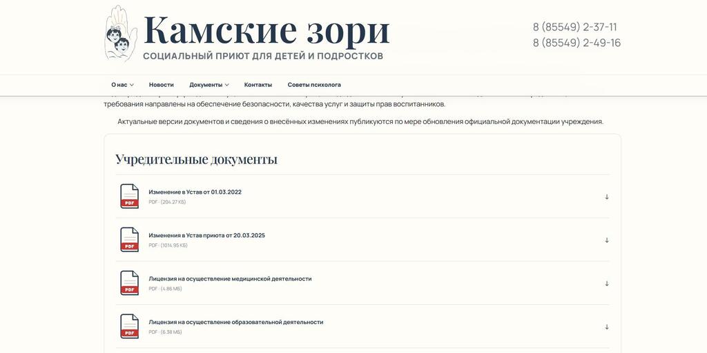 Сайт социального приюта для детей и подростков "Камские Зори"